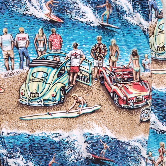 Joe Kealoha Hawaiian Button Shirt Mens Large Retro Cars Surfboards Beach Vacay - Picture 9 of 13